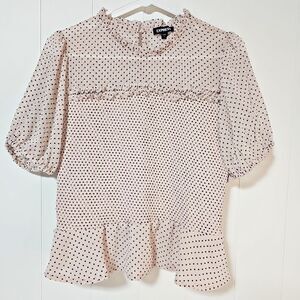 Express Womens Sheer Smocked Blouse Large Soft Pink Polka Dots Ruffles Feminine